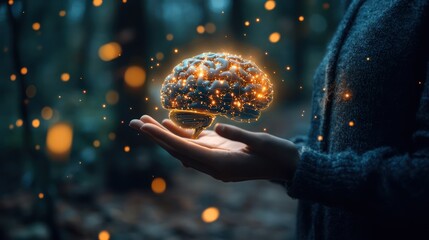 Fototapeta premium holding a glowing digital brain, representing artificial intelligence and innovation in technology.