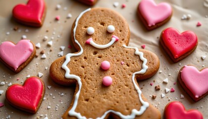 Obraz premium A smiling gingerbread man with minimal frosting details, surrounded by hearts.