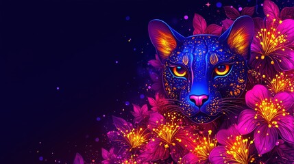Luminous feline spirit amidst blossoming enchantment vibrant ethereal presence dark backdrop magical aura otherworldly charm captivating gaze vivid floral embrace