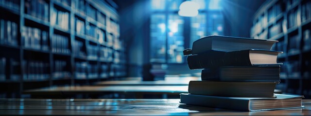 Stunning close up of stacked books reflected in modern glass architecture during evening light : Generative AI