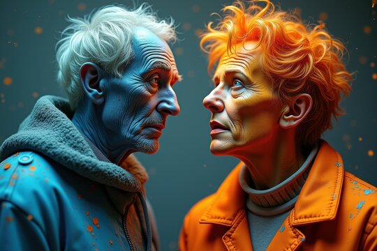 Turbulent Love Unfolds. Elderly man with white hair and hoodie facing elderly woman with orange hair and jacket in intense stare, emotional connection concept for mental health awareness or relations