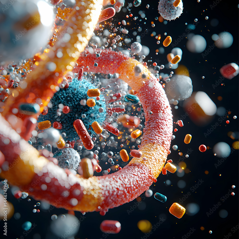Poster microscopic view of cells and bacteria in a vibrant abstract style. ideal for science presentations 