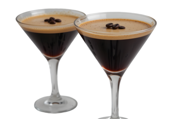 Espresso Martini cocktail with coffee bean garnish transparent PNG set bundle, isolated background. Mixology, bar menu cocktails in coupe saucer and martini glass, colorful refreshing drink