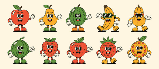 Retro Cartoon Fruit Characters Set Illustration