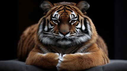 Fototapeta premium Majestic sumatran tiger portrait against black backdrop showcasing its intense gaze and striking orange and black stripes in a studio setting for stock imagery