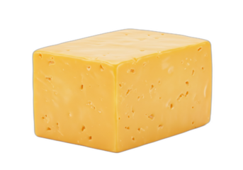 Block of cheese with holes, yellow color, and textured surface, isolated on transparent background.