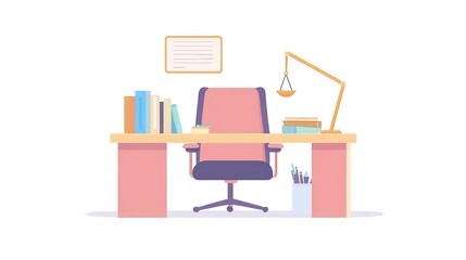 Fototapeta premium illustration of a lawyer’s desk with a balance scale at the center, stylized desk elements around it in flat design, justice and law theme, isolated plain background --ar 16:9 