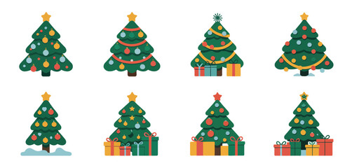 Eight Flat Christmas Trees with Ornaments and Gifts
