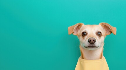 A cute dog wearing a yellow shirt stands in front of a teal background, looking directly at the camera.
