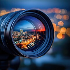 Cityscape reflected in camera lens at twilight. Photography, travel, urban exploration concept