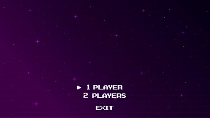 Start new game by selecting a player or exiting the game's main menu. Modern trendy game background with lighting effect. Retro cyberpunk pixel art game scene from the 80s.
