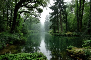 Obraz premium A calm, lush forest surrounds a serene lake, reflecting the dense greenery and tall trees under a misty sky.
