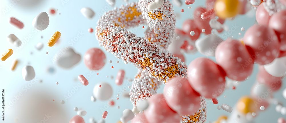Poster an abstract 3d rendering featuring a spiraling shape and floating particles in various colors sugges