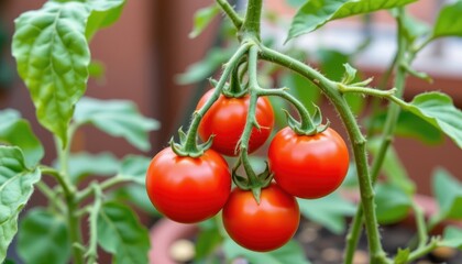 A friendly tomato plant with small, glowing red tomatoes.