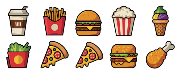 Colorful Fast Food Icons Set for Menu Design