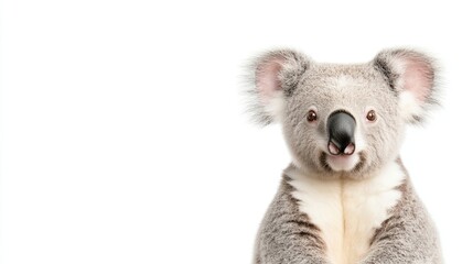 A cute koala sits against a white background, facing the camera with its ears perked up and a curious expression.