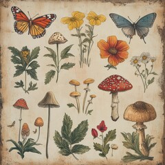 Vintage Botanical Illustration Featuring Butterflies and Fungi Art