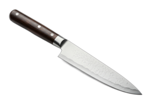 Wooden-handled knife with white blade isolated on transparent background.