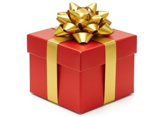 Obraz premium A wrapped red present with a gold bow isolated on white background