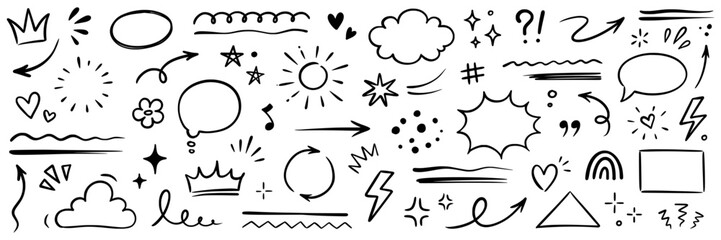 Line hand drawn brush marker arrow, heart, crown element set. Hand drawn sketch marker underline shape, arrow, star scribble brush pen stroke element. Crown, love graphic icon. Vector illustration