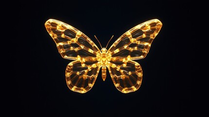 A glowing, wireframe butterfly with golden lights is displayed on a black background, highlighting its delicate, symmetrical wings.