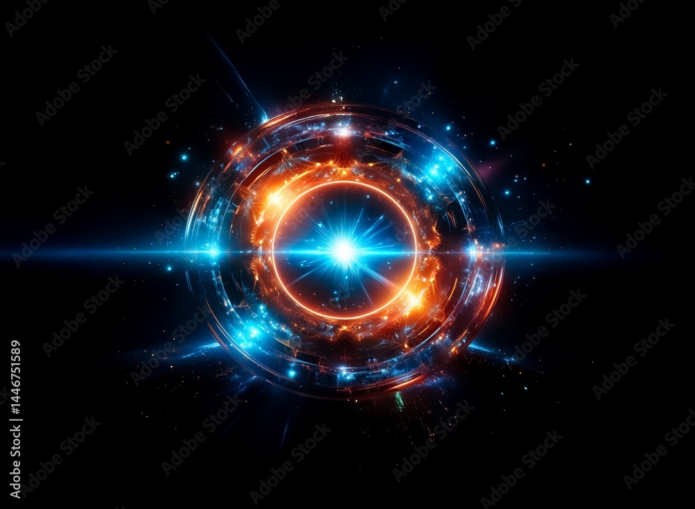Poster a vibrant, glowing circular energy field pulsates with bright blue and orange light, surrounded by s