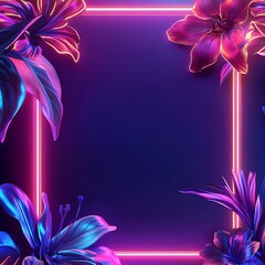 Obraz premium Neon Flowers Framed, Dark Background
