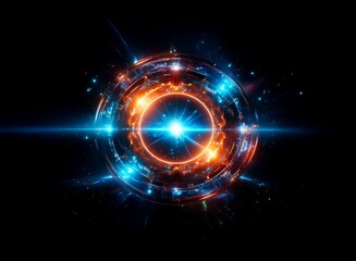 Obraz premium A vibrant, glowing circular energy field pulsates with bright blue and orange light, surrounded by swirling particles and radiating beams in a dark, cosmic setting. The core emits a brilliant, intens