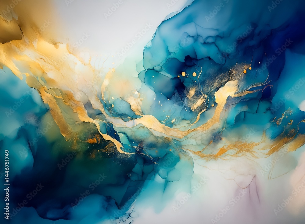 Aufkleber abstract art featuring a mesmerizing blend of teal, blue, and gold hues. fluid, swirling forms creat