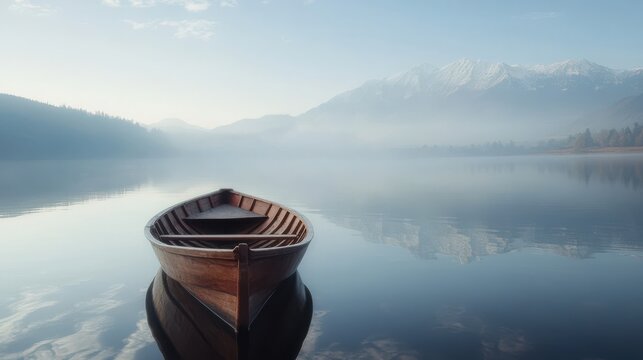 A stunning image of wooden boat floats on calm Dal lake. Mountain range reflects in water. Serene early morning scenery, clear sky, soft light in Srinagar, Kashmir, India.