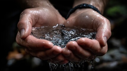 Fototapeta premium close-up photograph of hands holding crystal clear water , tight shot , in natural surroundings