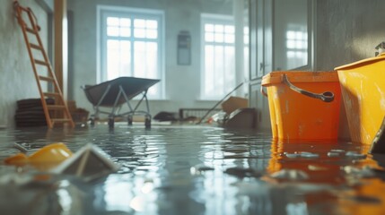 A stunning image of water damage restoration process in house. Flooded interior with water covering floor. Furniture, belongings displaced. Construction equipment like.