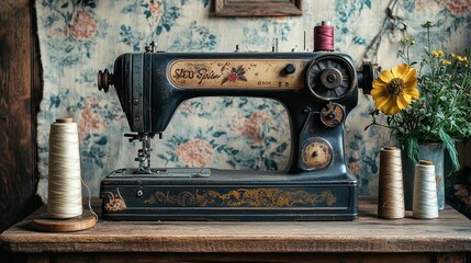 Vintage Sewing Machine with Thread