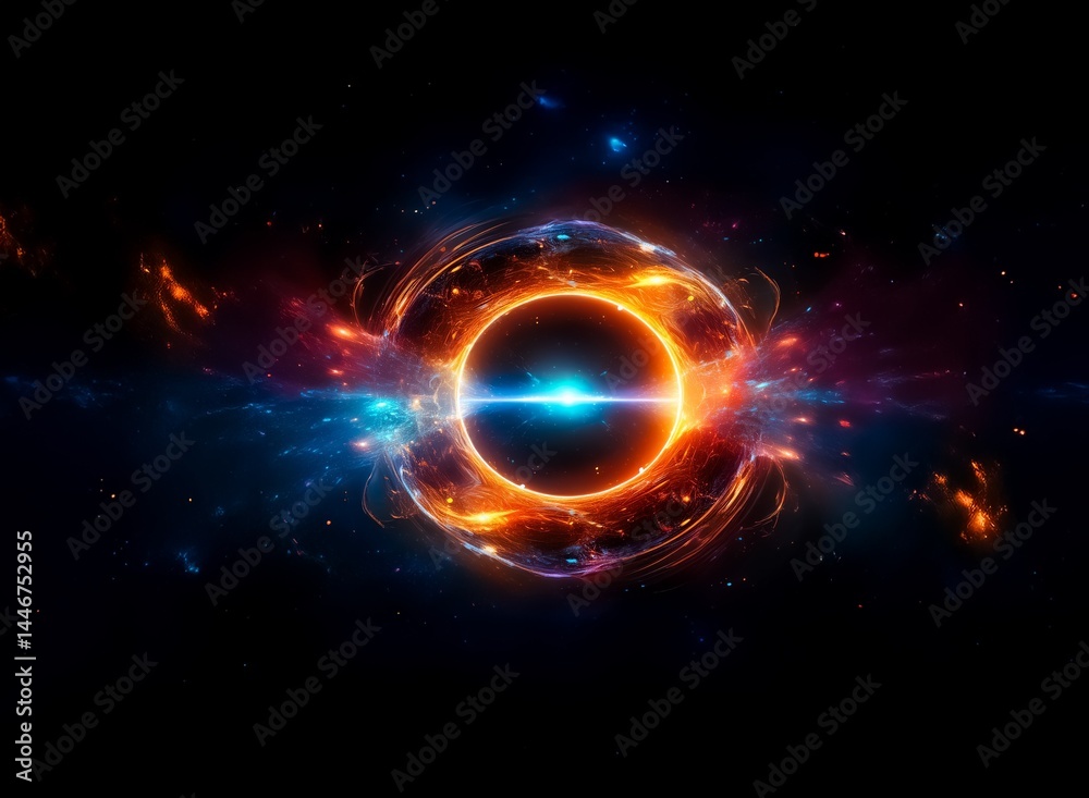 Poster a vibrant cosmic event unfolds, a swirling nebula of orange and blue energy surrounding a dark, glow