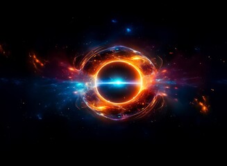 Obraz premium A vibrant cosmic event unfolds, a swirling nebula of orange and blue energy surrounding a dark, glowing core. Intense light emanates from its center, creating a mesmerizing spectacle.