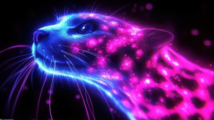 Luminous feline portrait depicting a big cat outlined in vibrant blue and purple neon lights against a black backdrop radiating abstract glowing energy