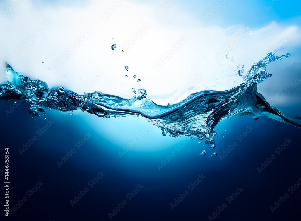 Poster dynamic water splash, a wave cresting, revealing both surface and underwater views with air bubbles 