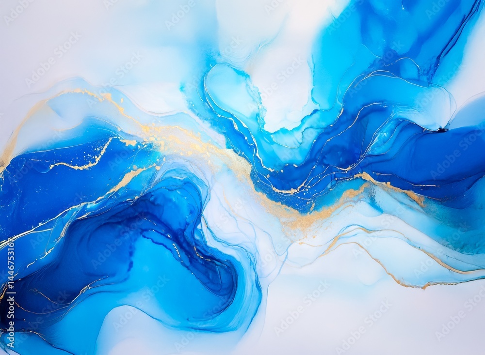 Poster abstract fluid art painting. swirling blues and golds create a mesmerizing, ethereal effect. subtle 