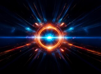 Obraz premium A vibrant, glowing ring, encircled by streaks of blue and orange light, radiates energy in a dark, cosmic expanse. The central light source is intensely bright, creating a sense of dynamism and power