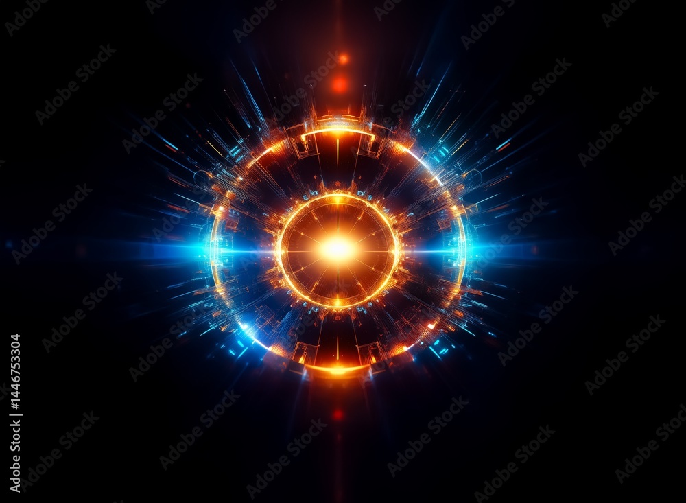 Poster Intricate glowing orb, fiery orange and electric blue energy bursts from its core, surrounded by a dark void.  A mesmerizing display of light and motion.
