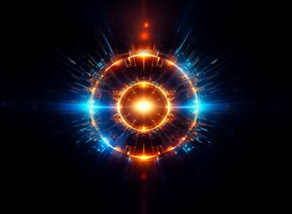 Intricate glowing orb, fiery orange and electric blue energy bursts from its core, surrounded by a dark void.  A mesmerizing display of light and motion.