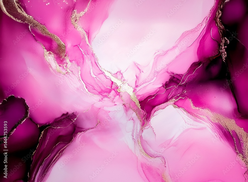 Poster fluid art in vibrant pinks and purples with shimmering gold accents creates an abstract, ethereal co