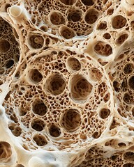 Osteosarcoma bone cancer cells under a microscope, showing dark nuclei and cell masses infiltrating solid tissue.