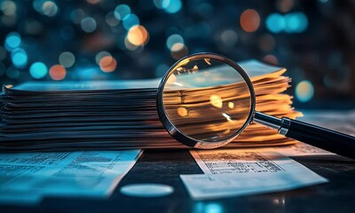 A magnifying glass over an animated stock market graph, symbolizing the concept of technical analysis in trading and financial analysis. The background is a digital display showing various currency - Powered by Adobe