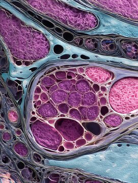 Biopsy image showing rhabdomyosarcoma muscle cells with abnormal cell structure.