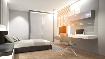 wooden floor and wardrobe in a contemporary bedroom.,3d rendering