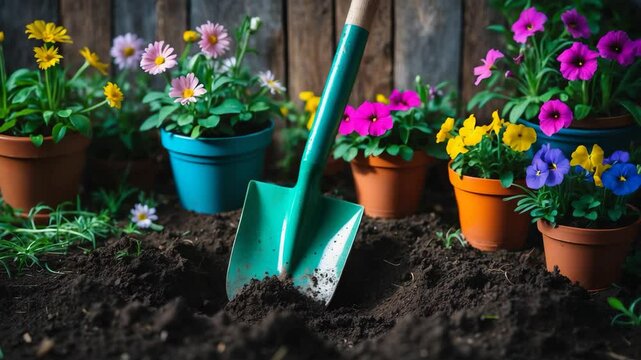 Transplanting spring blooms into the ground, home gardening and pastimes, enhancing the garden with flowers.