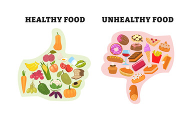 Healthy fresh vegetables and unhealthy junk food comparison with thumbs up and down, healthy food vs junk food choice concept or healthy eating and diet concept. Like and dislike concept illustration.