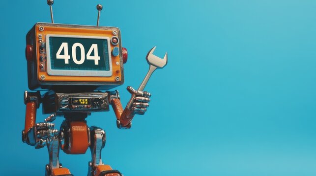 A stunning image of serviceman robot stands on blue backdrop holding tools. Error "404" page not found. Robot working on solution. Robot technical assistance, problem solving.