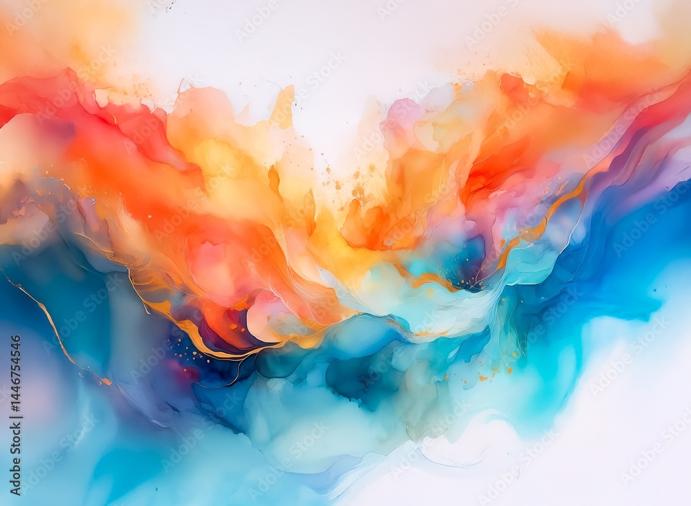 Poster abstract art, vibrant hues of orange, blue, and gold blend seamlessly. fluid, swirling forms create 